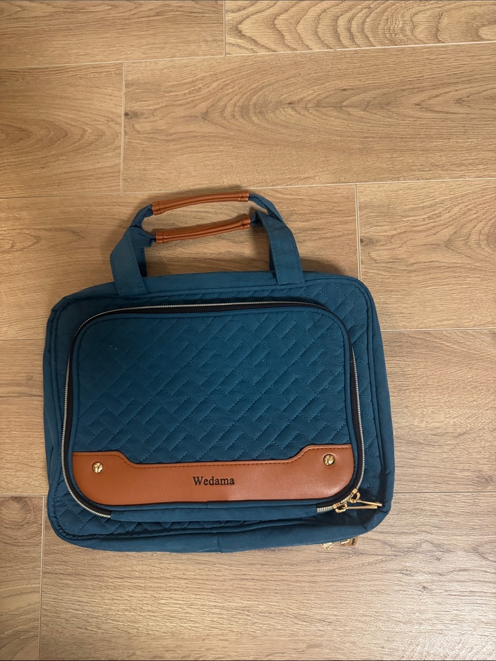 Teal Quilted Cosmetic Case with Brown Trim
